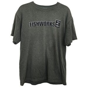VTG Fishworks T-Shirt Men Medium Green Distressed Bleach Spots Fishing Deckhand